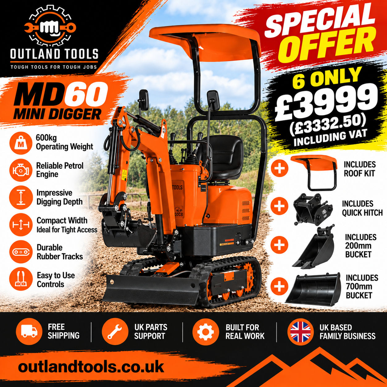 Mini Digger with ROPS 600KG Micro digger Outland Tools MD60 Inc 200mm Digging Bucket